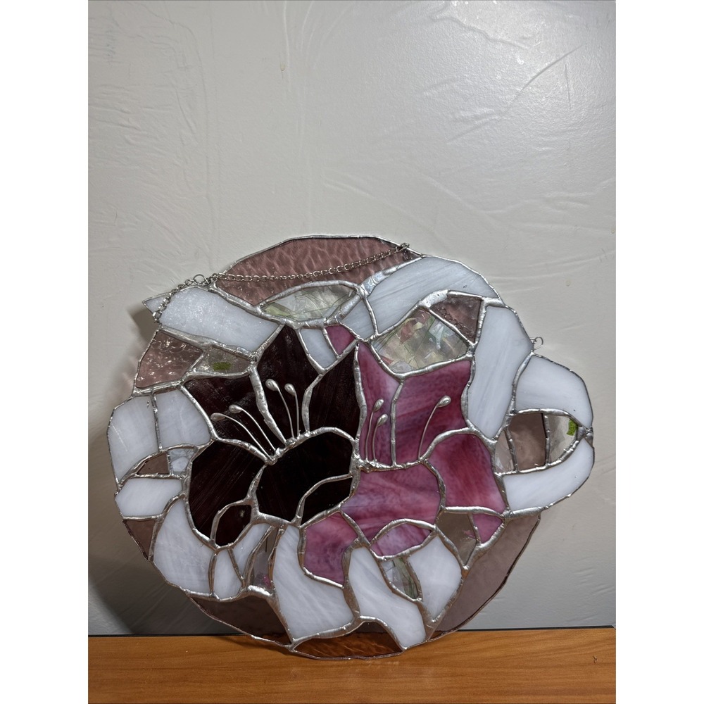 Vintage Stained Glass Lily Flower SunCatcher Window Hanger 13" x 11" Handmade